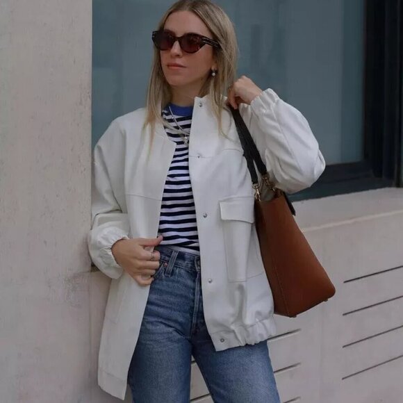 New Zara Oversized Linen Blend White Bomber Jacket Blogger Favorite NWT Medium - Picture 8 of 16
